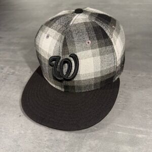Vintage Washington Nationals Hat‎ New Era Cap 7 Black Gray White Plaid Wool Y2K